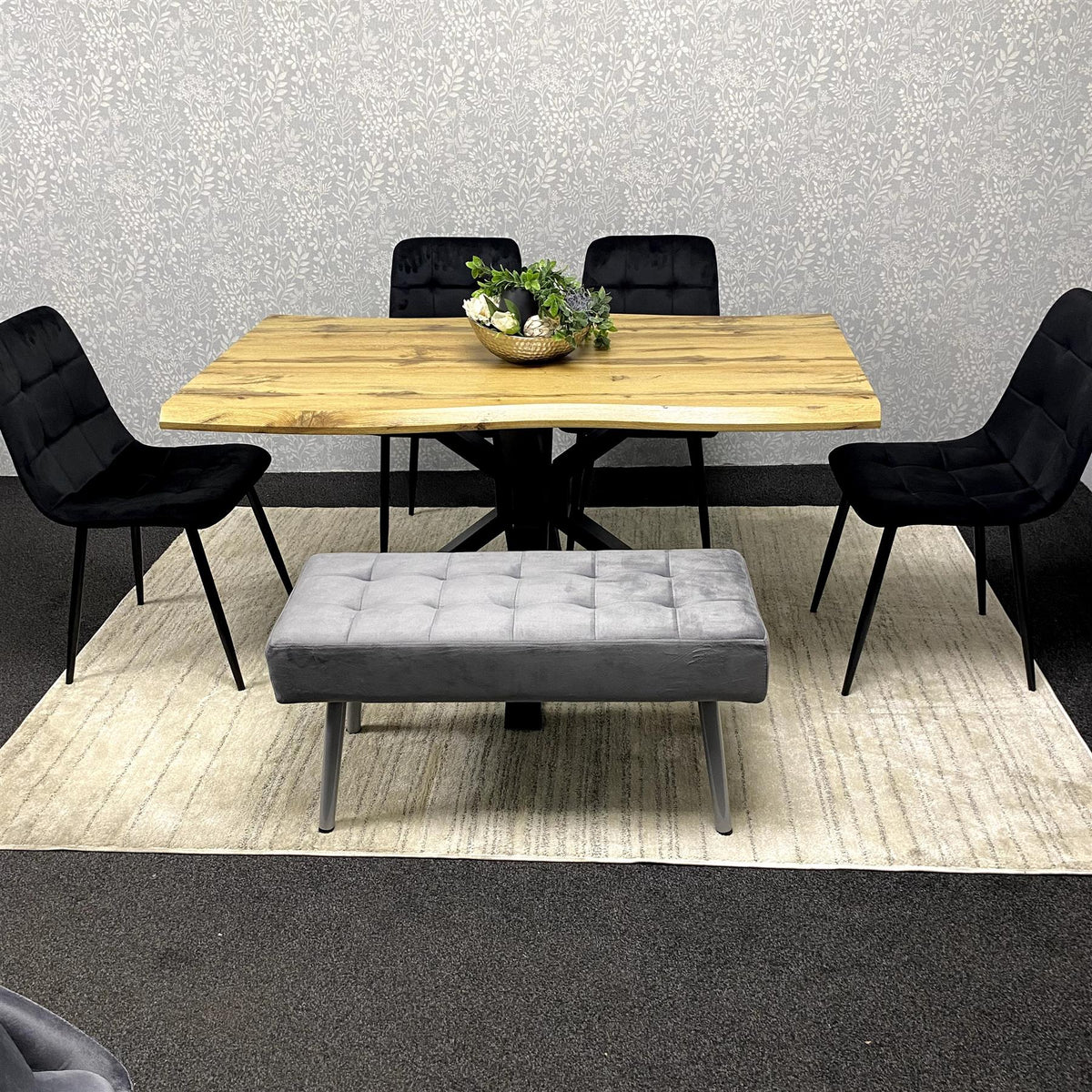 Wood Dining Set with Velvet Chairs & Grey Velvet Bench