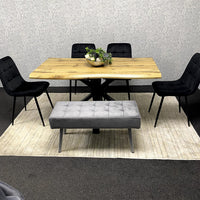 Wood Dining Set with Velvet Chairs & Grey Velvet Bench