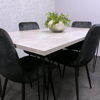 Grey Dining Table with Hairpin Legs & 4 Black Velvet Chairs Set for Kitchen & Dining Room