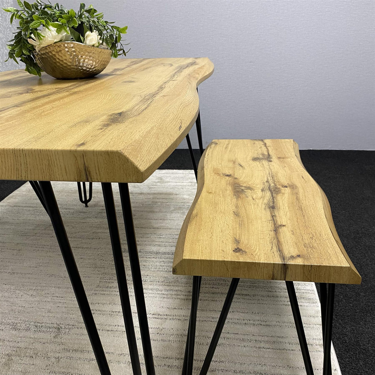 Wooden Dining Table and 2 Benches Set With Metal Hairpin Legs for Dining Room, Work, or Study