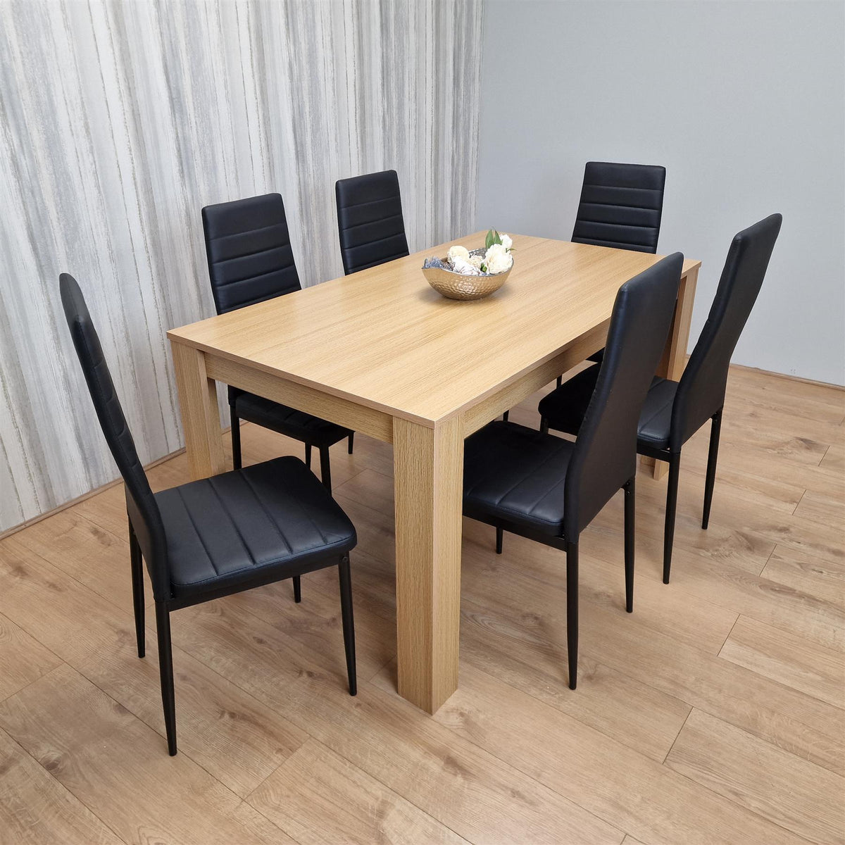 Dining Set of 6 Dining Table and 6 Black Faux Leather Chairs Dining Room Furniture