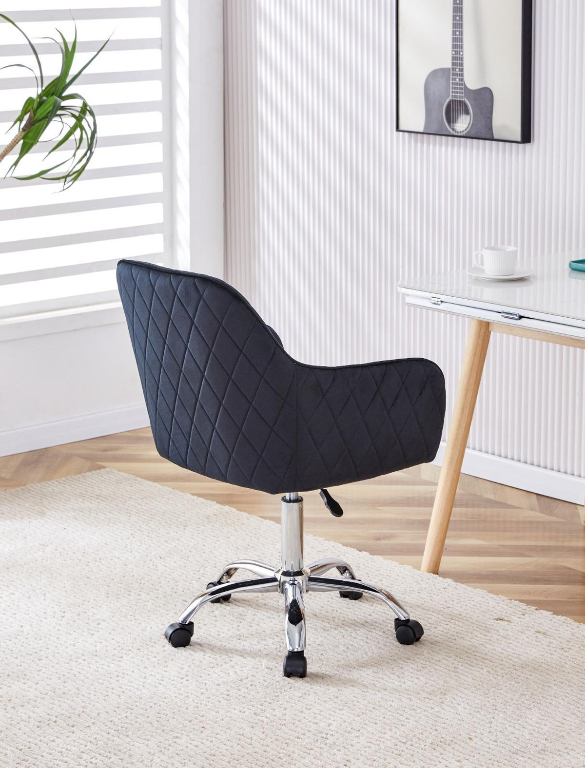 Grey Office Desk with Black Velvet Upholstered Chair and Matching Drawer Unit
