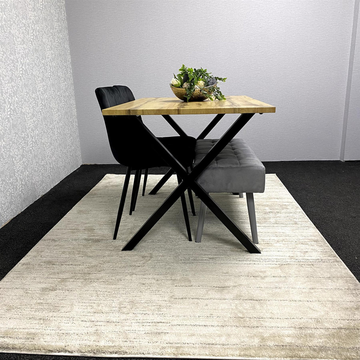 Modern Dining Table Set with Padded Bench and Black Velvet Chairs – Wood Effect Tabletop with X-Shaped Metal Legs – Stylish Kitchen or Dining Room Furniture