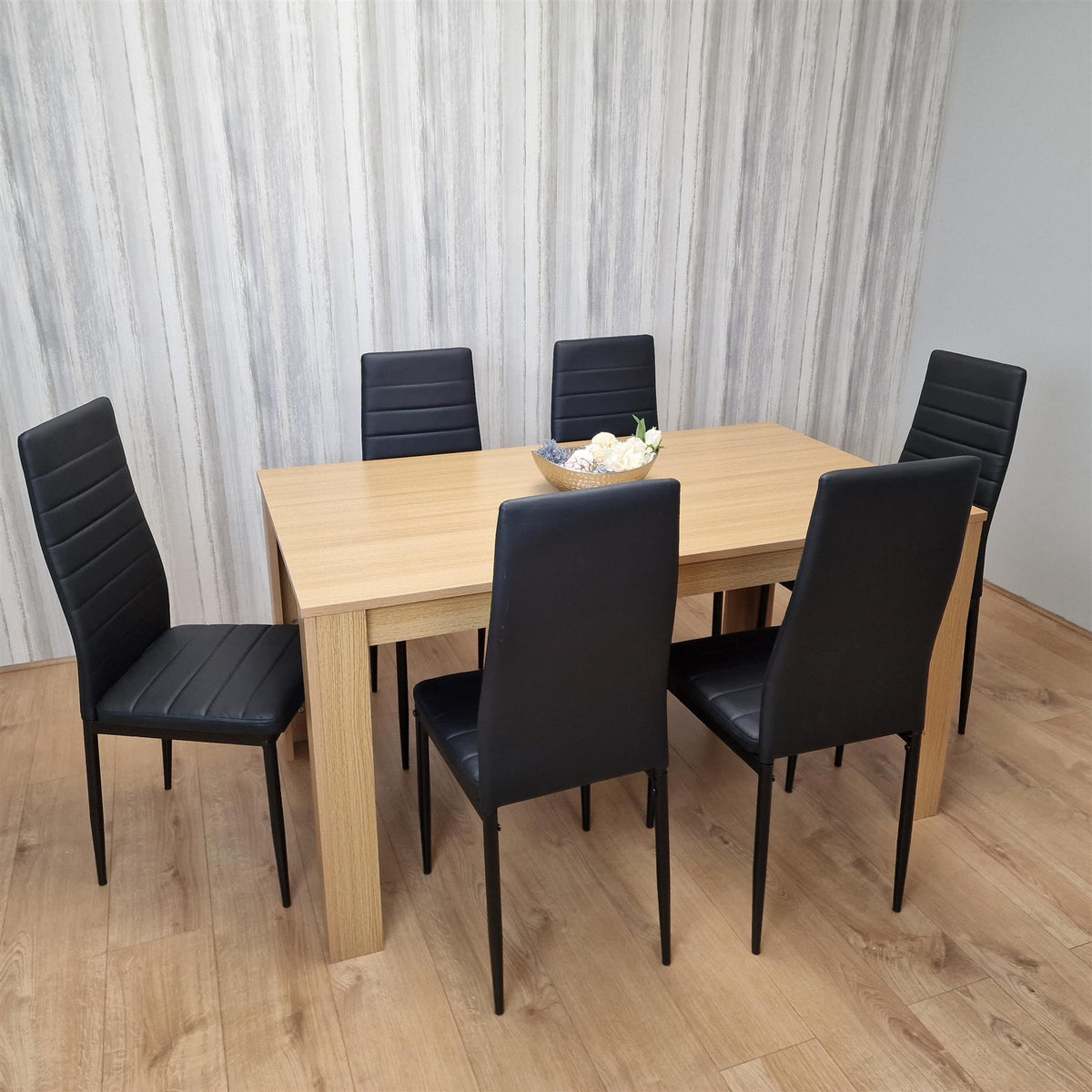 Dining Set of 6 Dining Table and 6 Black Faux Leather Chairs Dining Room Furniture