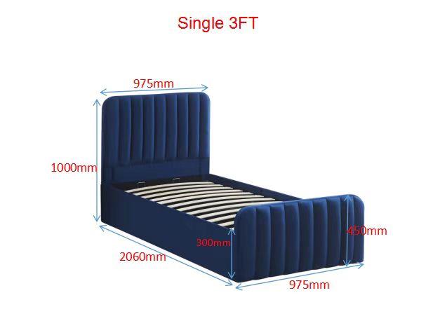 Ottoman Gas Lift Storage Bed 3ft Single and 1 Mattress Blue Velvet Bedroom
