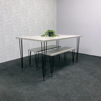 Grey Dining Table with Hairpin Legs & 2 Matching Benches Set for Kitchen & Dining Room