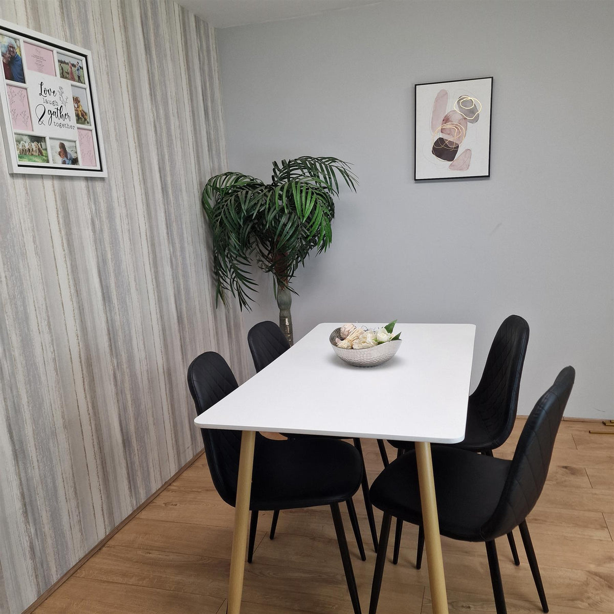 Dining Table Set of 4 Wooden White Table with 4 Black Gem Patterend Chairs