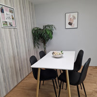 Dining Table Set of 4 Wooden White Table with 4 Black Gem Patterend Chairs