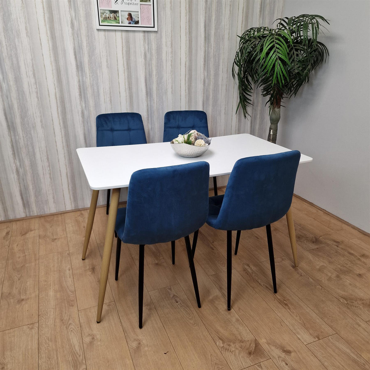 Wooden Dining Table Set for 4 White Wooden Table and 4 Blue Velvet Chairs
