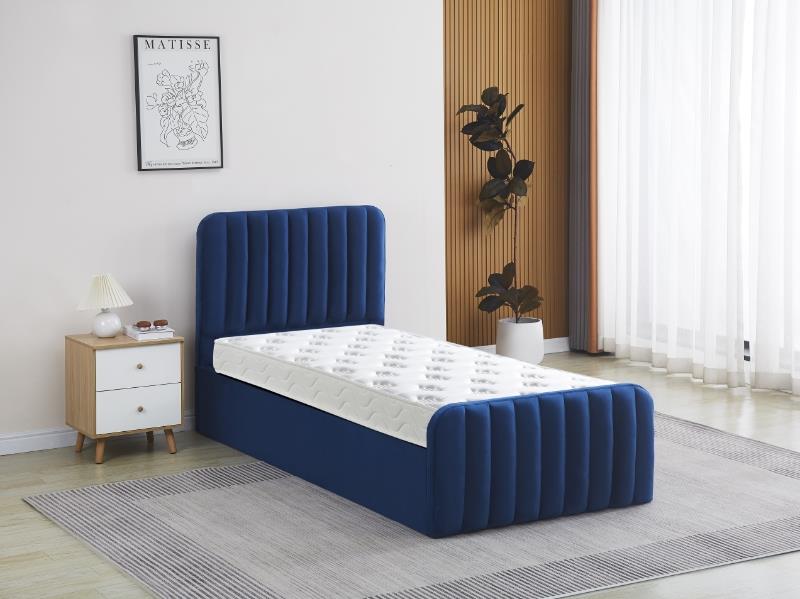 Ottoman Gas Lift Storage Bed 3ft Single and 1 Mattress Blue Velvet Bedroom