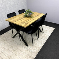 Modern Dining Table Set with 4 Black Velvet Chairs – Wood Effect Tabletop with X-Shaped Metal Legs – Stylish Kitchen or Dining Room Furniture