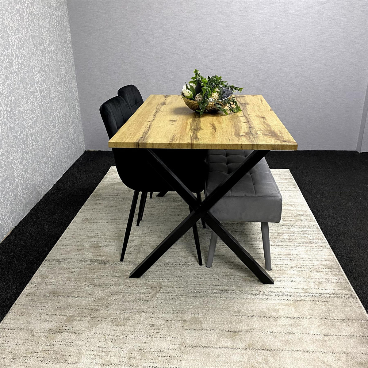 Modern Dining Table Set with Padded Bench and Black Velvet Chairs – Wood Effect Tabletop with X-Shaped Metal Legs – Stylish Kitchen or Dining Room Furniture