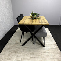 Modern Dining Table Set with Padded Bench and Black Velvet Chairs – Wood Effect Tabletop with X-Shaped Metal Legs – Stylish Kitchen or Dining Room Furniture