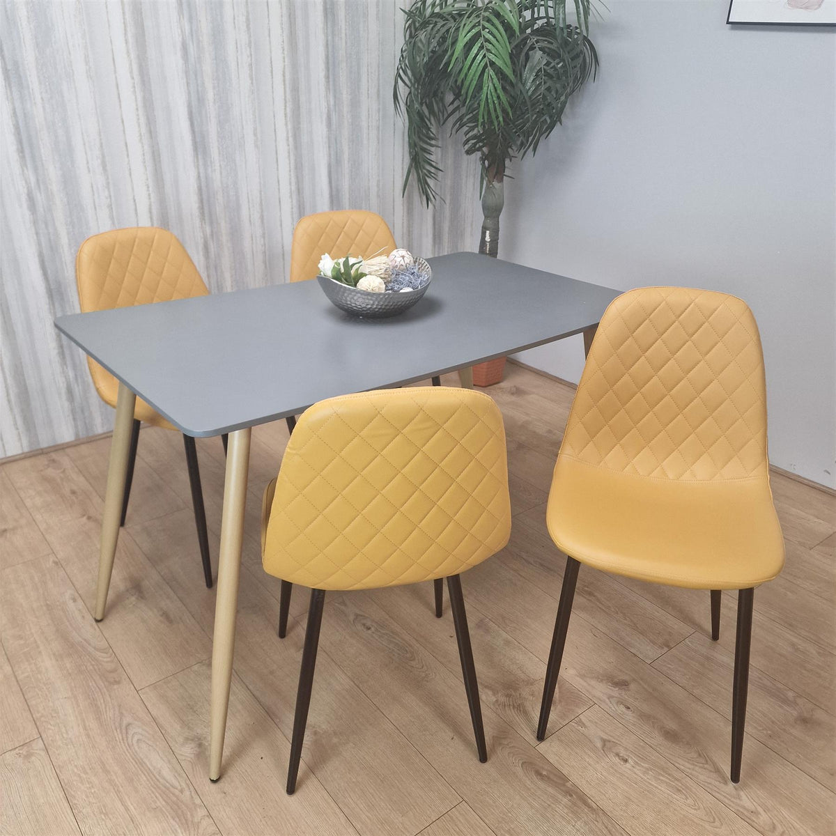 Wooden Rectangle Dining Table Set Grey Table with 4 Mustard Gem Patterned Chairs