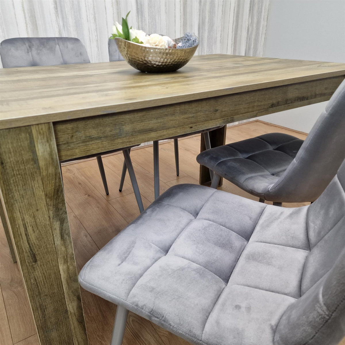Dining Table and 4 Chairs Rustic Effect Wood Table 4 Grey Velvet Chairs Dining Room