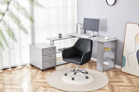 Grey Office Desk L-shaped with Black Velvet Upholstered Chair and Storage Drawers