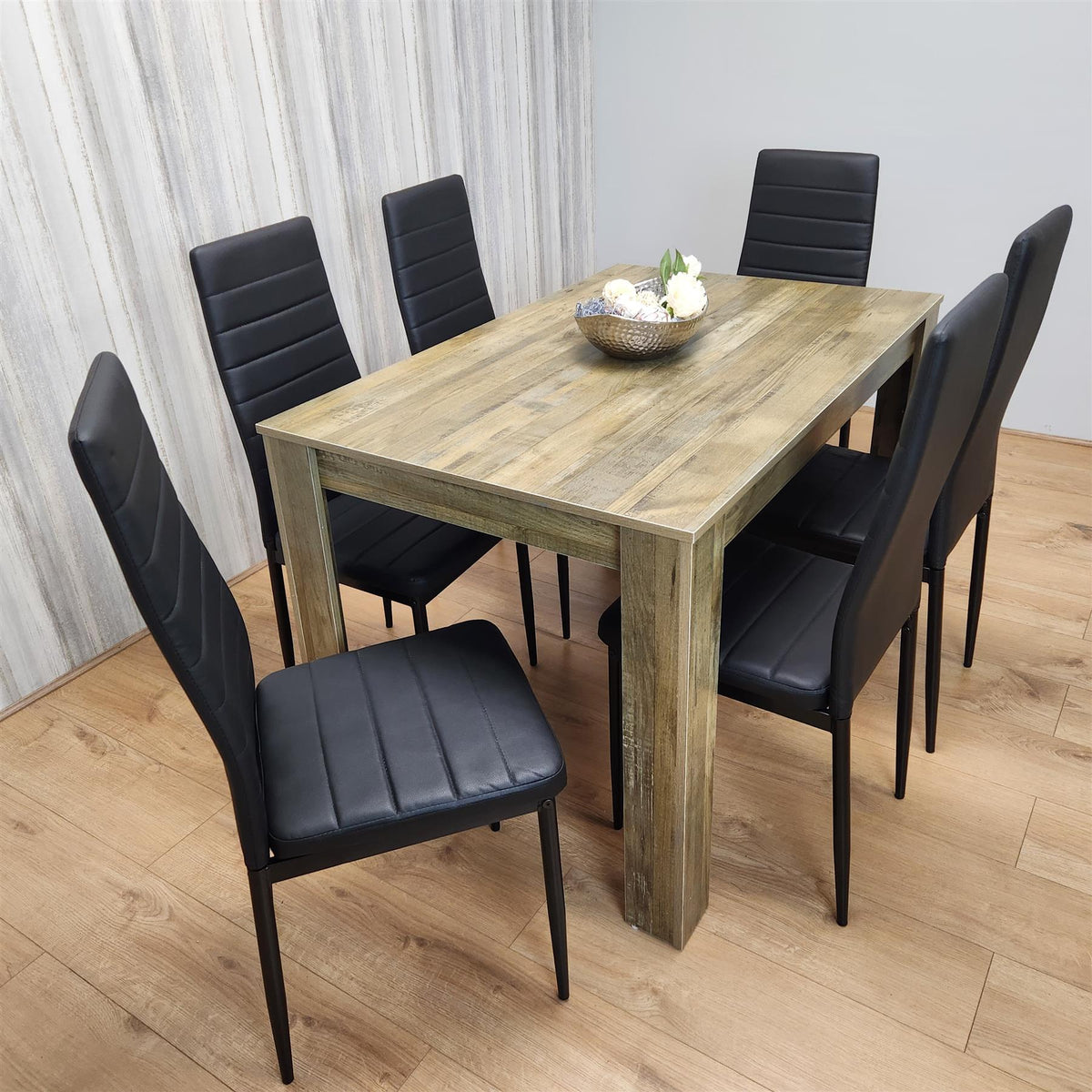 Dining Table and 6 Black Metal Leather Chairs Rustic Effect Wood Dining Room