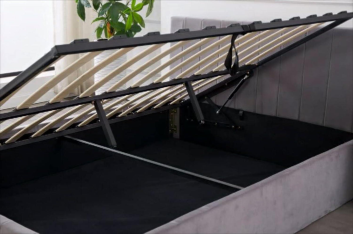 Ottoman Bed Gas Lift Storage Grey 3ft Single Line Pattern Velvet Pine Wood Bedroom