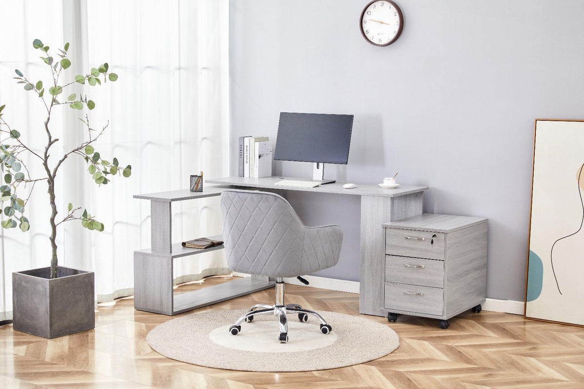 Grey Office Desk L-shaped with Grey Velvet Upholstered Chair and Storage Drawers