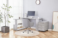 Grey Office Desk L-shaped with Grey Velvet Upholstered Chair and Storage Drawers