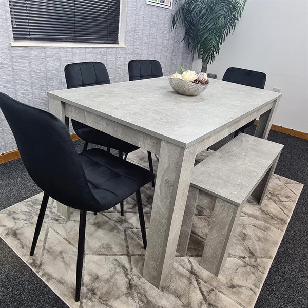 Dining Table and 4 Chairs With Bench Stone Grey Effect Wood Table 4 Black Velvet Chairs Dining Room