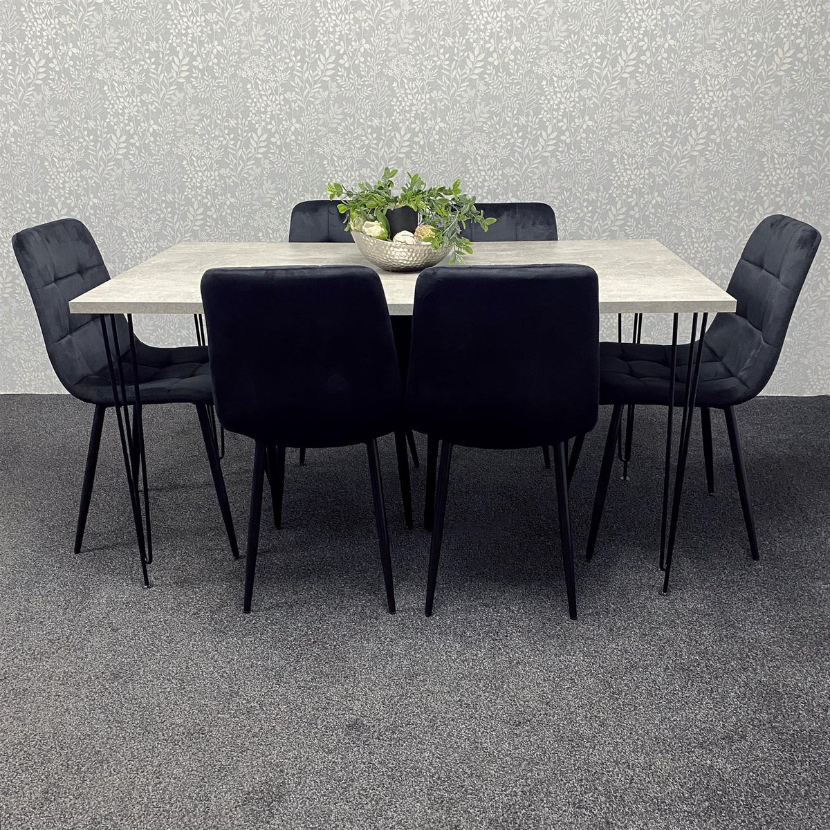 Grey Wooden Dining Table Hairpin Legs with 6 Black Velvet Chairs - Dining Kitchen Room Furniture