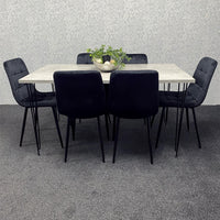 Grey Wooden Dining Table Hairpin Legs with 6 Black Velvet Chairs - Dining Kitchen Room Furniture