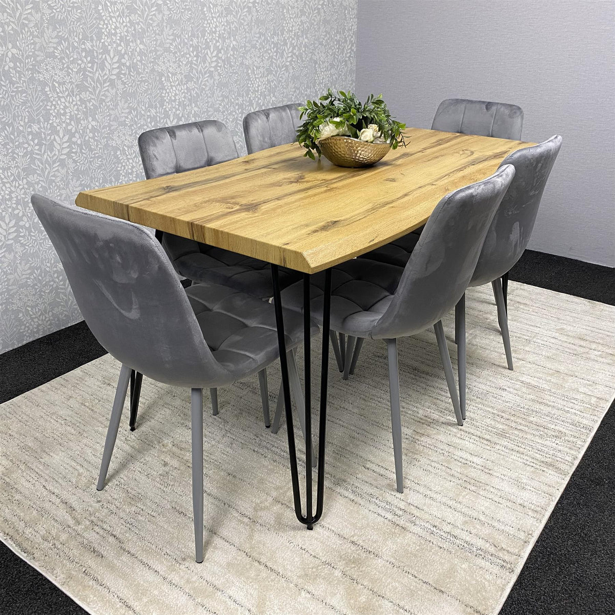 Wooden Dining Table and 6 Grey Velvet Chairs - Stylish Dining Room Furniture