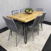 Wooden Dining Table and 6 Grey Velvet Chairs - Stylish Dining Room Furniture