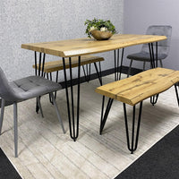 Wooden Dining Table with 2 Benches and 2 Grey Velvet Chairs