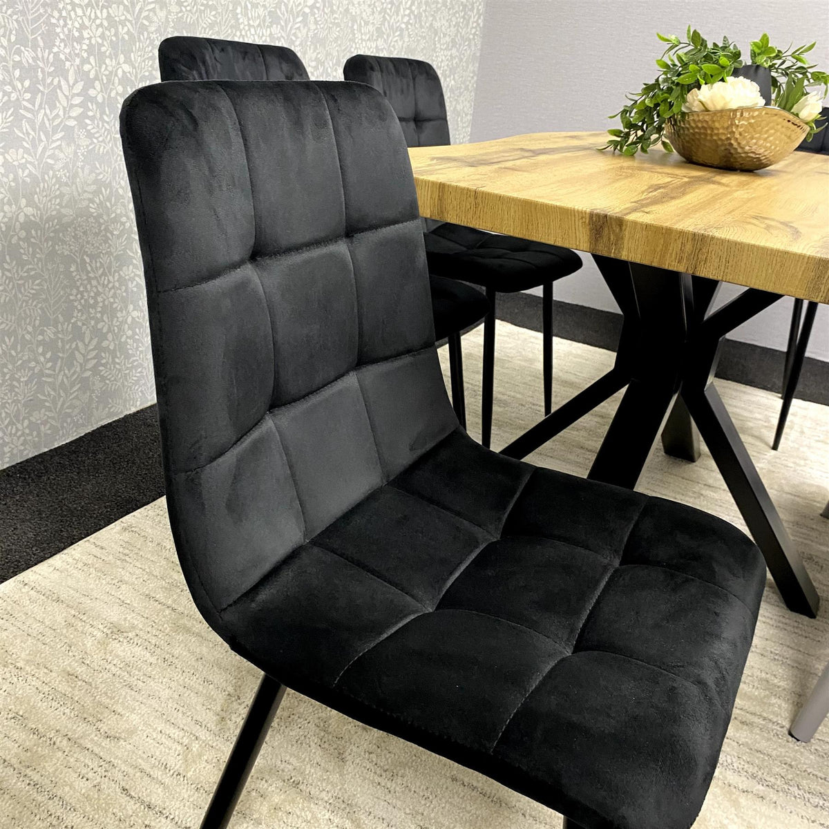 Wood Dining Set with Velvet Chairs & Grey Velvet Bench