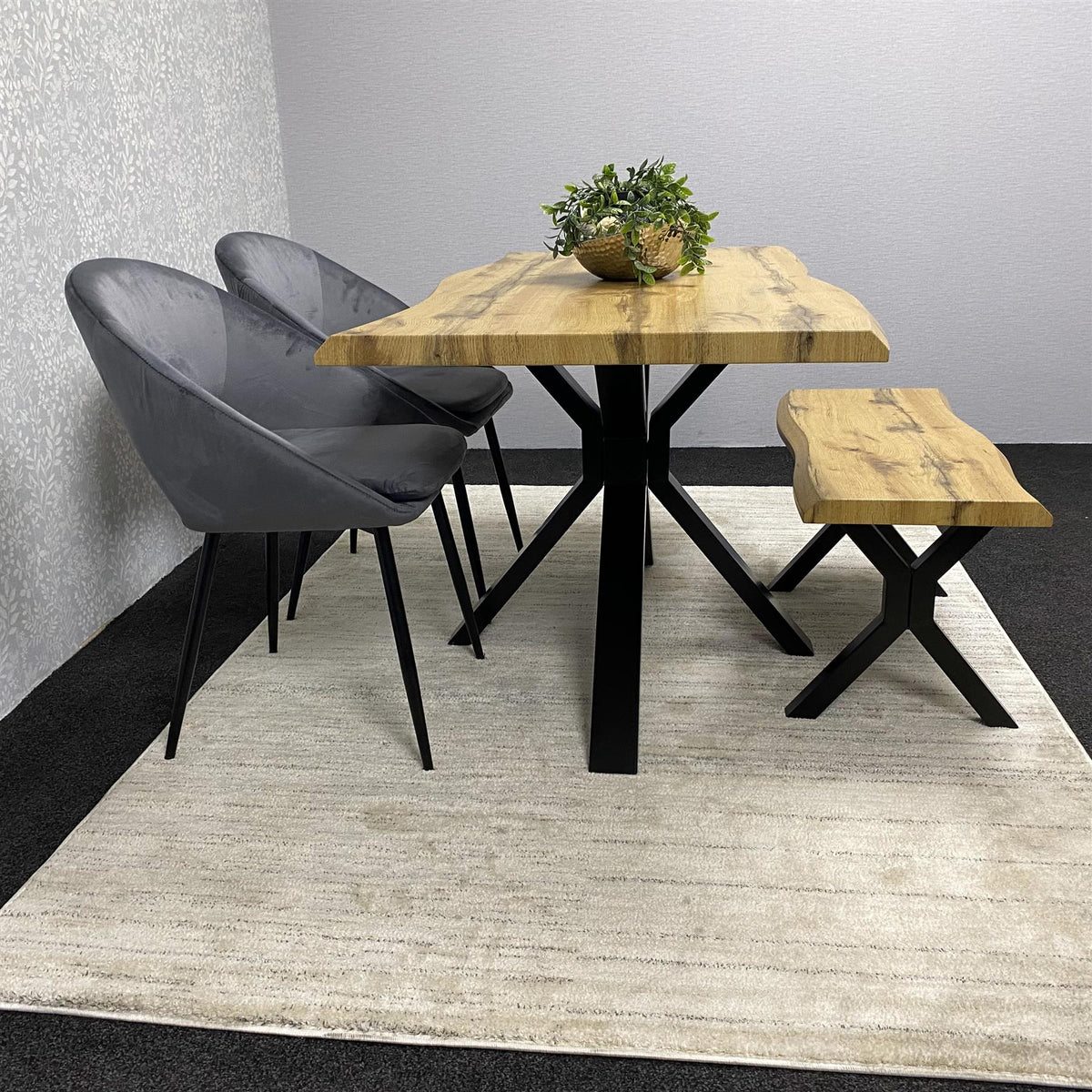 Brown Wooden Dining Table with 2 Grey Chairs and Bench - Dining Kitchen Room Furniture