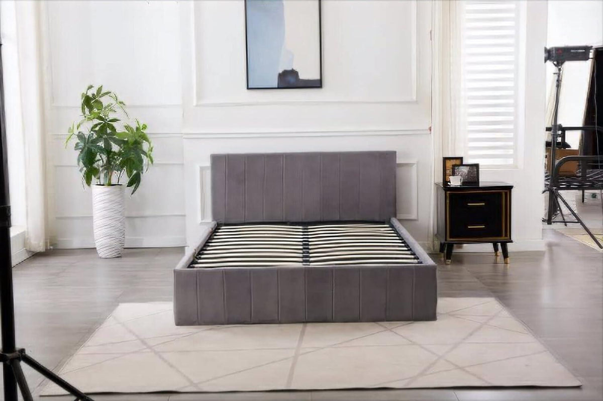 Ottoman Bed Gas Lift Storage Grey 4ft Small Double and 1 Mattress Line Pattern Velvet Bedroom