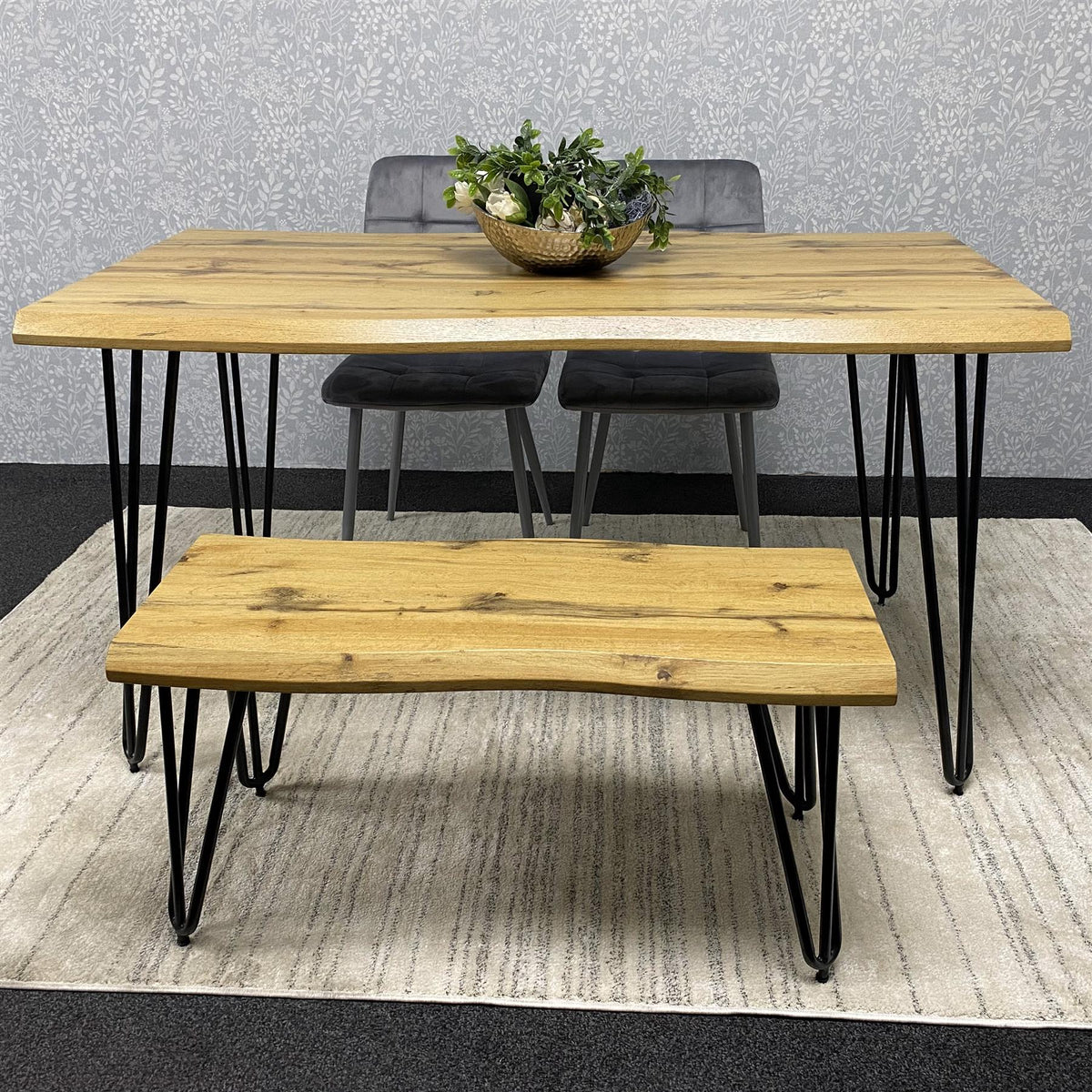 Brown Wooden Dining Table with 4 Grey Chairs and Bench - Dining Kitchen Room Furniture
