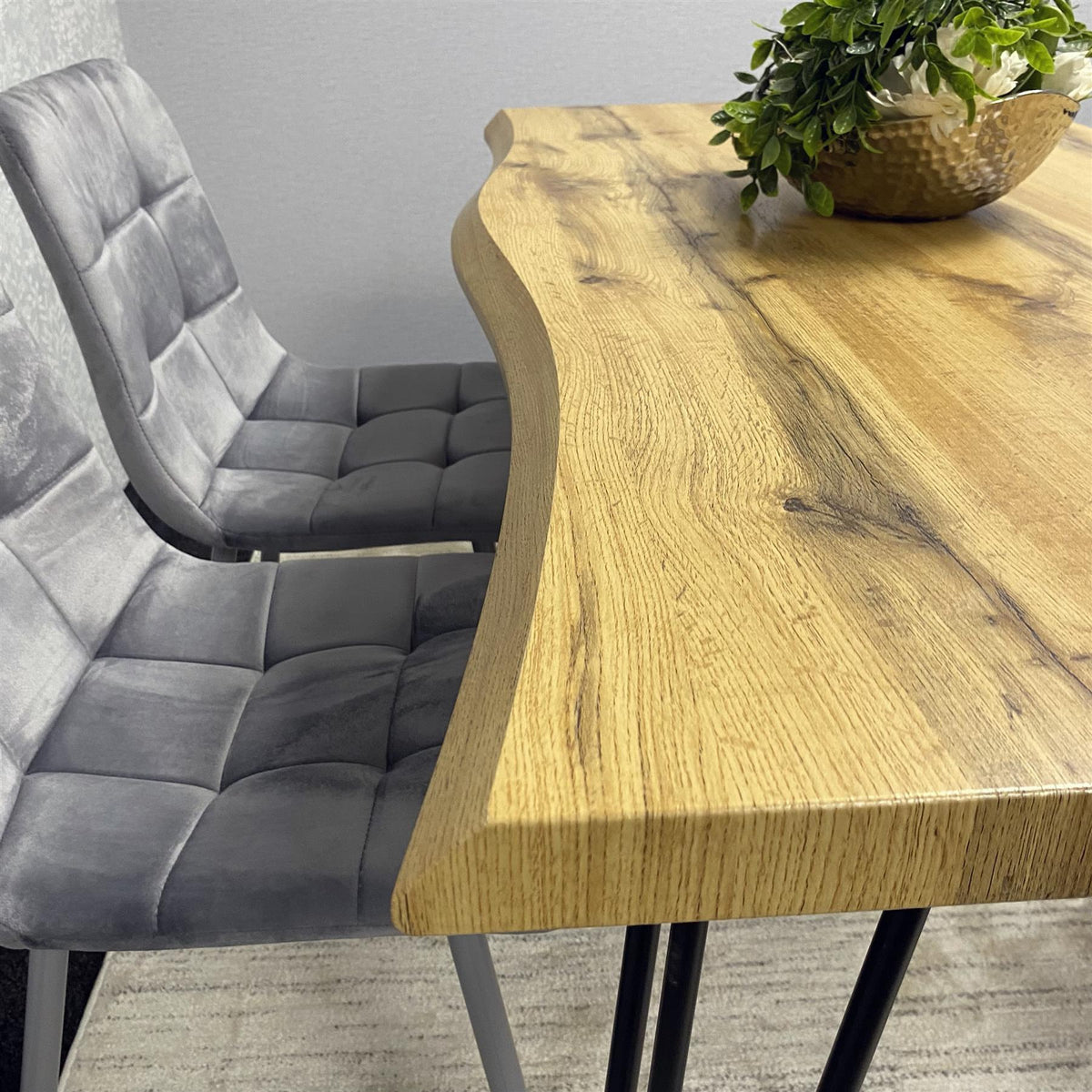 Wooden Dining Table and 4 Grey Velvet Chairs - Stylish Dining Room Furniture
