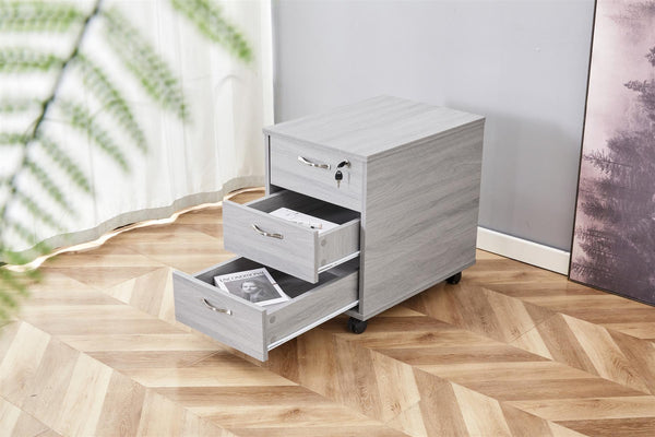 Grey Under-Desk Drawer Storage Unit with Wheels Mobile Wooden 3-Drawer Set for Home or Office