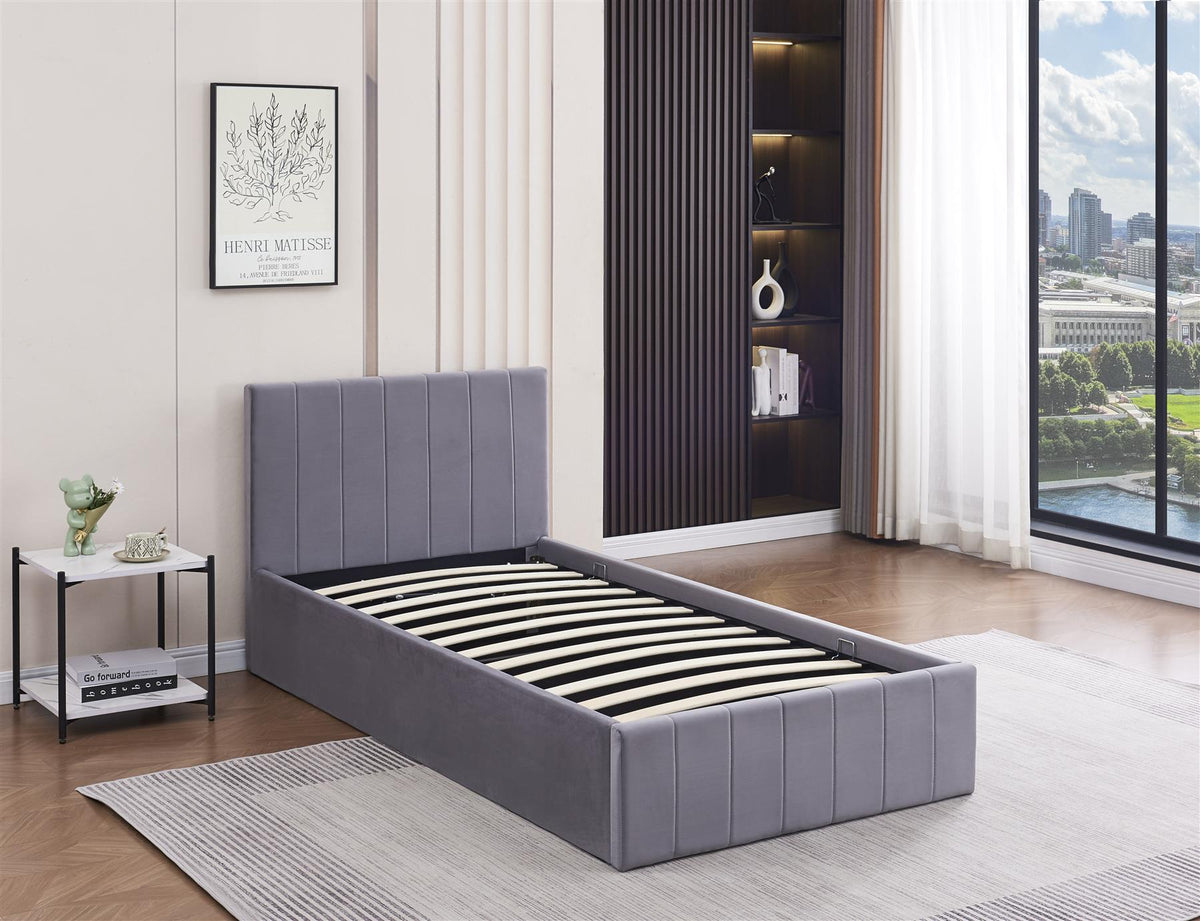 Ottoman Bed Gas Lift Storage Grey 3ft Single Line Pattern Velvet Pine Wood Bedroom