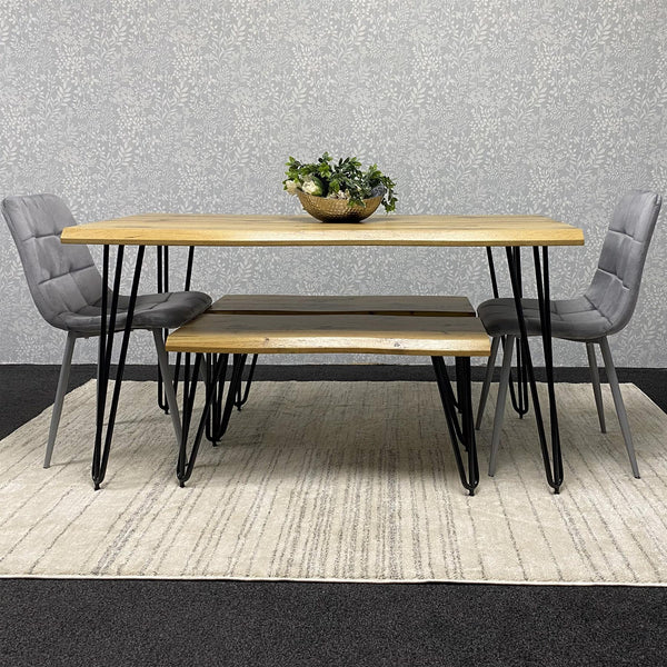 Wooden Dining Table with 2 Benches and 2 Grey Velvet Chairs