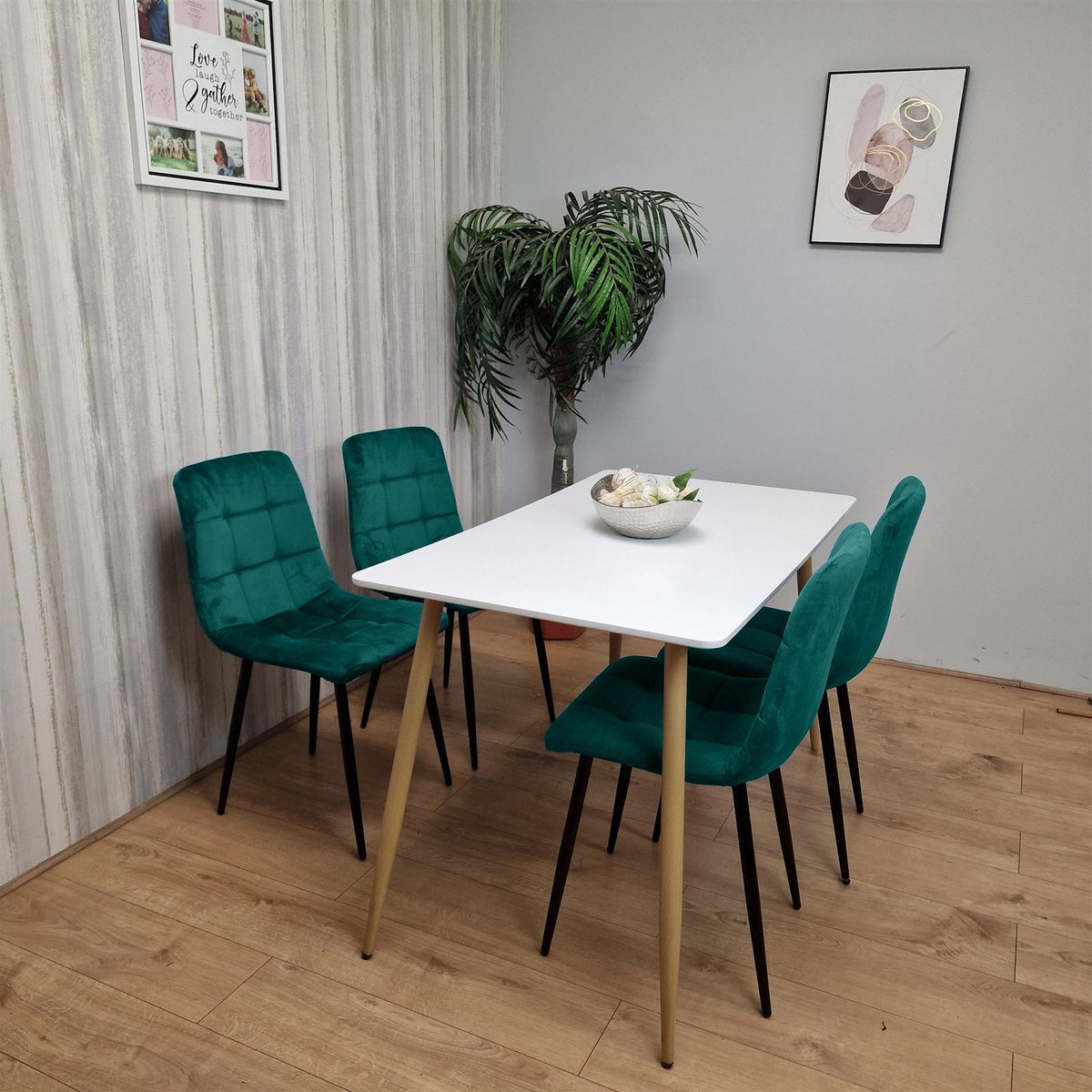 Wooden White Dining Table Set with 4 Green Velvet Upholstered Chairs