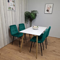 Wooden White Dining Table Set with 4 Green Velvet Upholstered Chairs