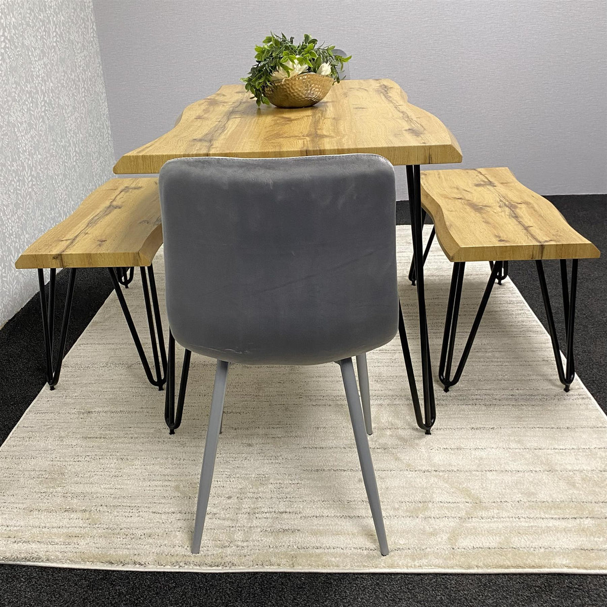 Wooden Dining Table with 2 Benches and 2 Grey Velvet Chairs