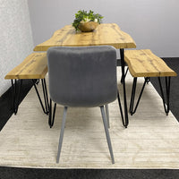 Wooden Dining Table with 2 Benches and 2 Grey Velvet Chairs