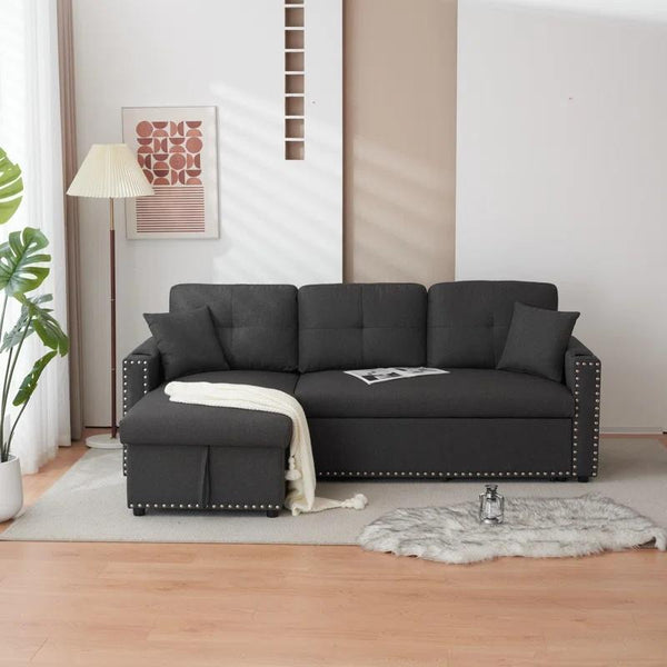Sofabed 3 Seater Reversible Sectional Sofa Sleeper Set with Storage Chaise, Built-in Cupholder, Decorative Rivets, Pull-out Bed, and Dark Grey Fabric