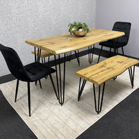 Wooden Dining Table with 2 Benches and 2 Black Velvet Chairs