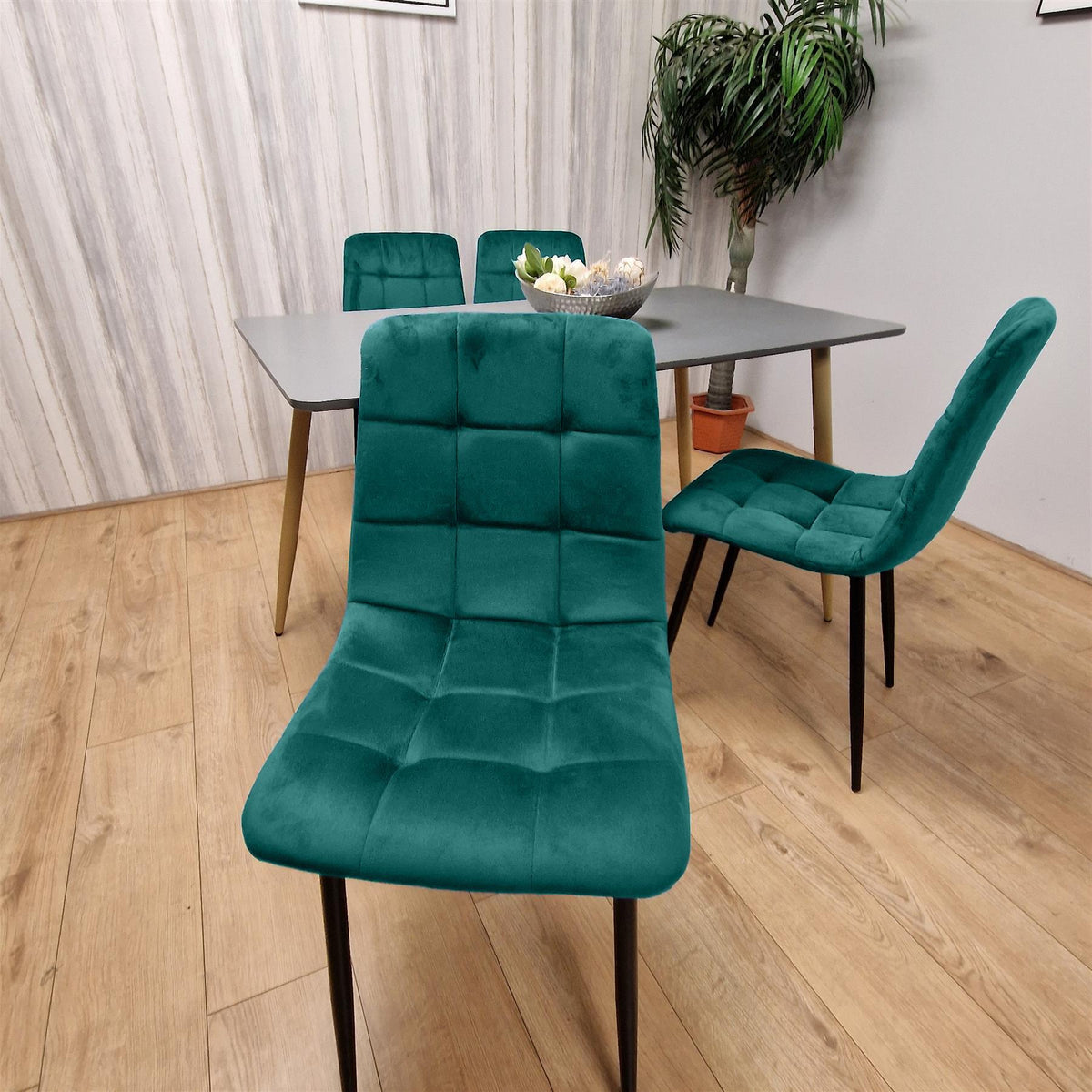 Wooden Grey Dining Set with 4 Green Velvet Chairs