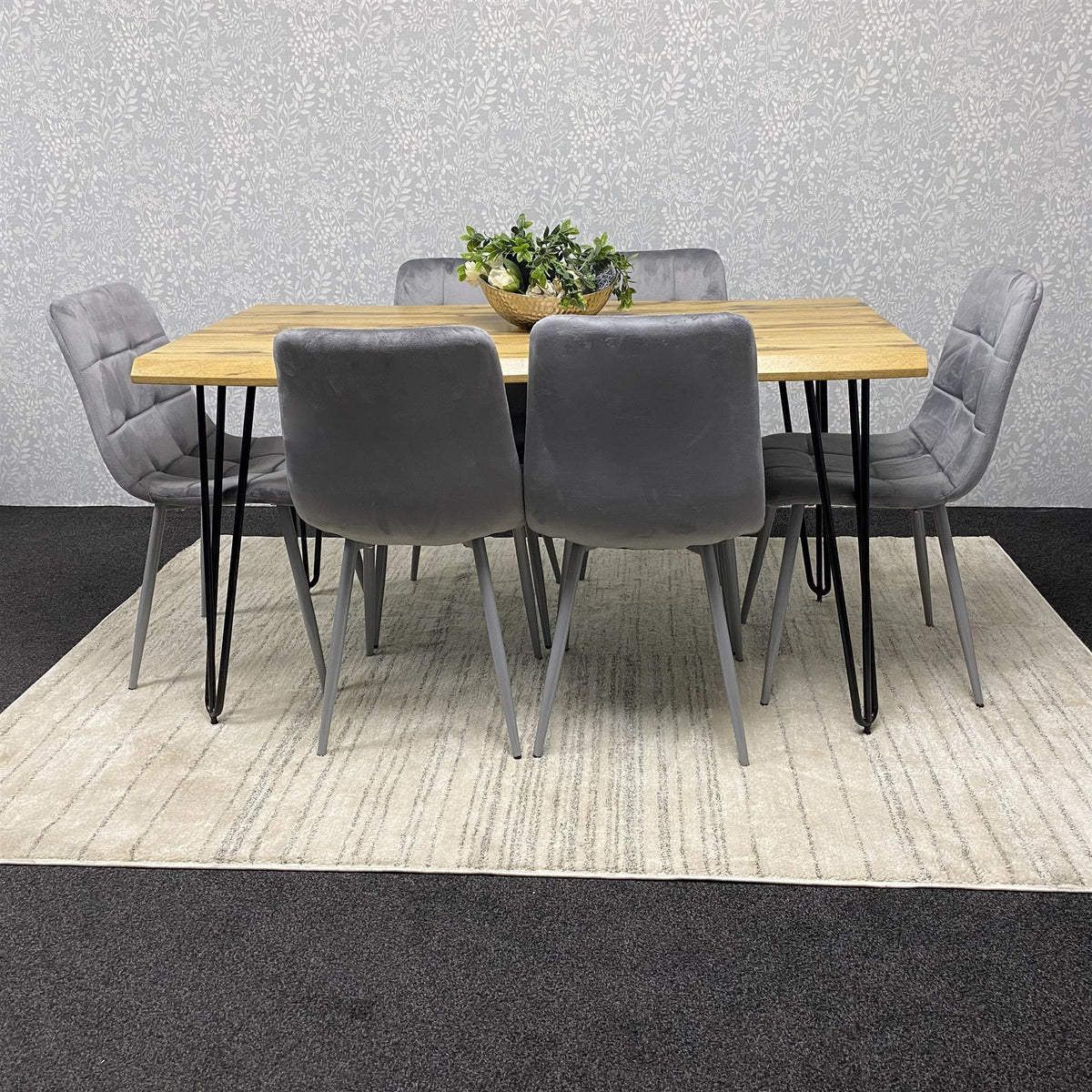 Wooden Dining Table and 6 Grey Velvet Chairs - Stylish Dining Room Furniture