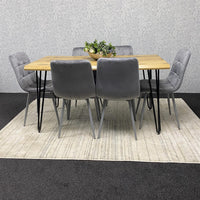 Wooden Dining Table and 6 Grey Velvet Chairs - Stylish Dining Room Furniture
