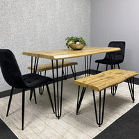 Wooden Dining Table with 2 Benches and 2 Black Velvet Chairs