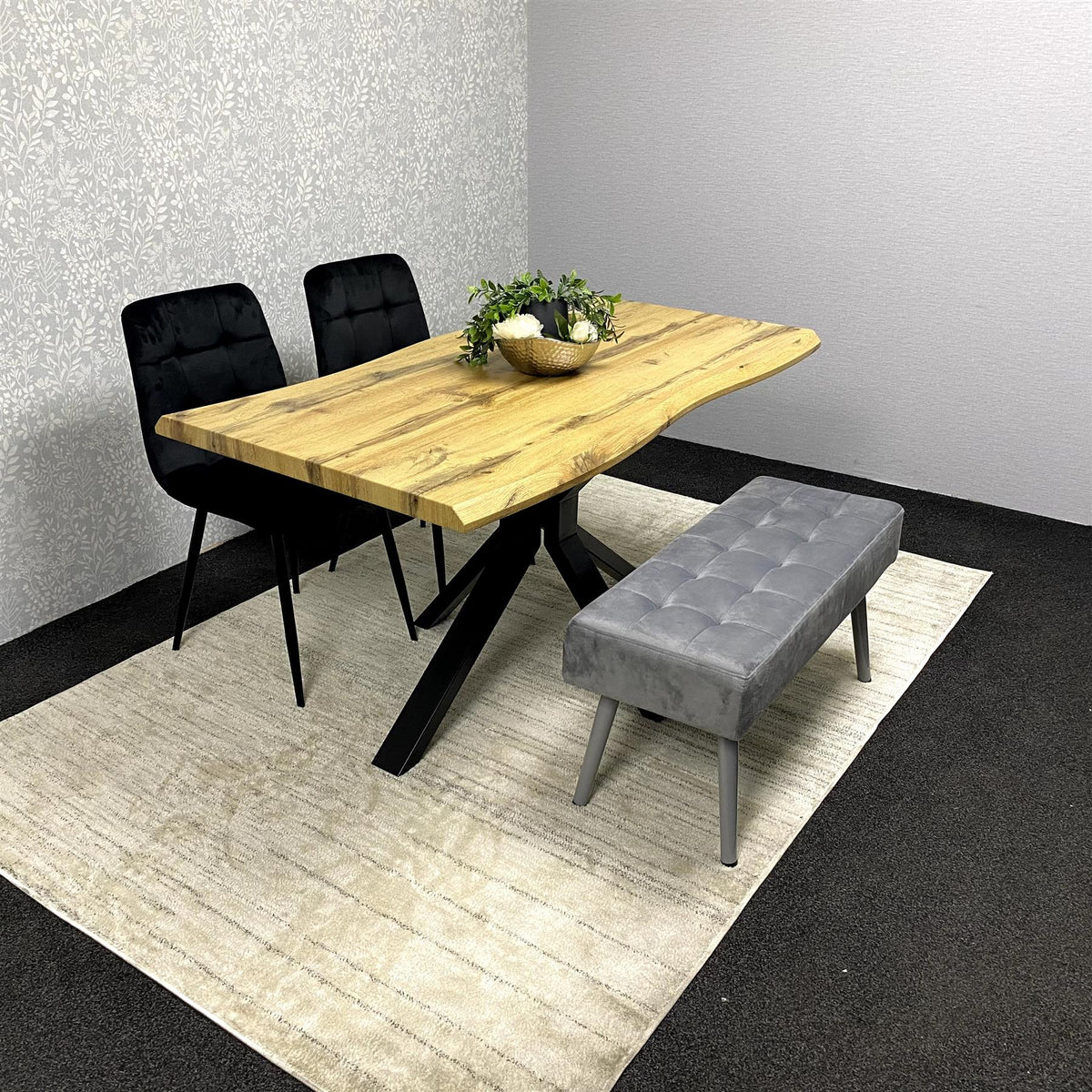 Dining Set with Velvet Chairs and Iron-Legged Wooden Benches