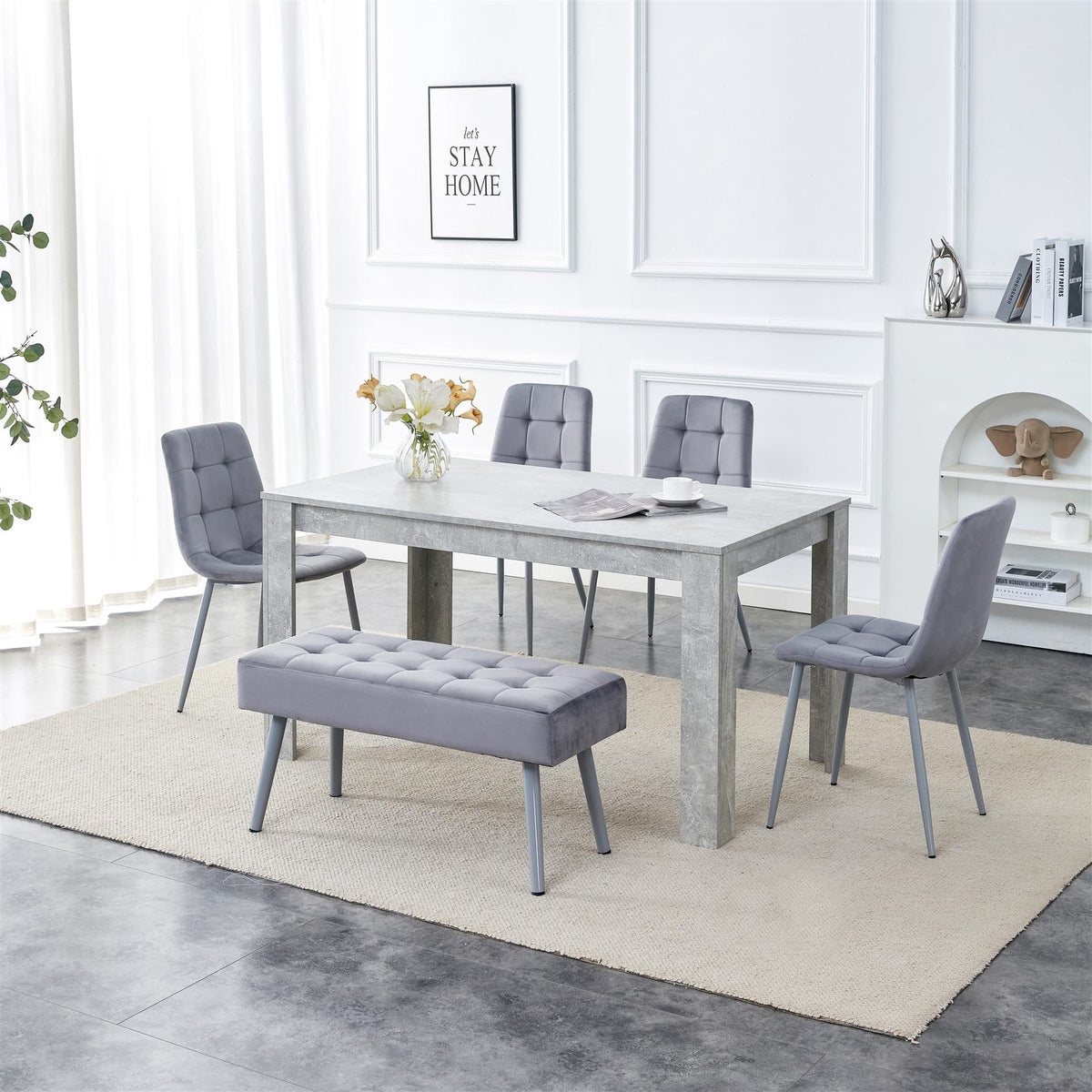 Grey Wooden Dining Table Set with 4 Grey Chairs and 1 Bench - Dining Kitchen Room Furniture